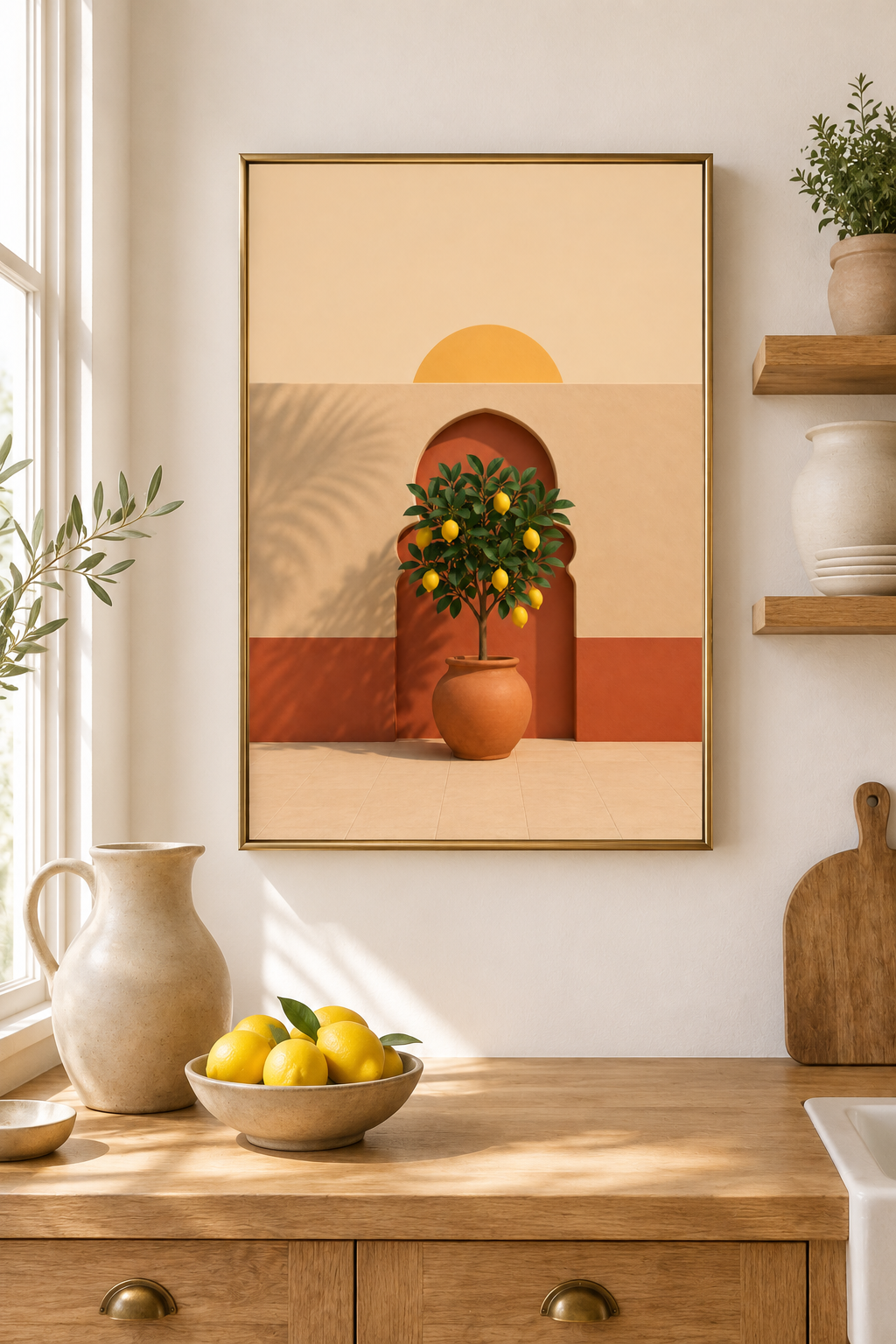 Moroccan Lemon Tree Print | Mediterranean Citrus Courtyard Wall Art | Terracotta Riad Kitchen Printable