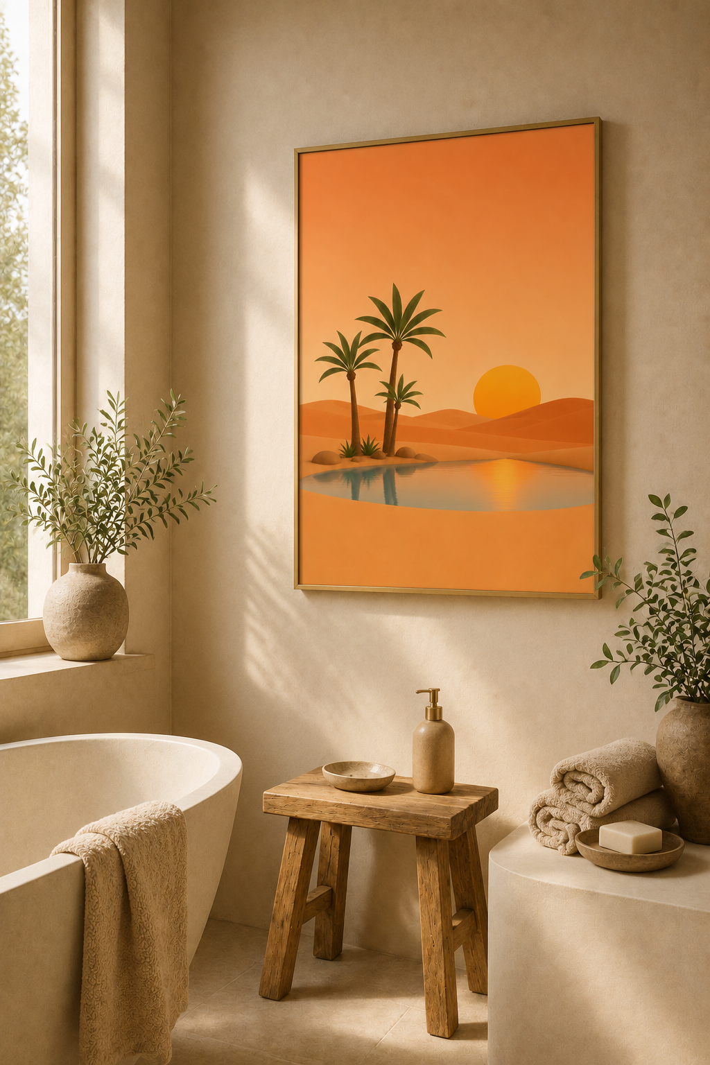 Desert Oasis Print | Moroccan Palm & Sunset Wall Art | Warm Boho Terracotta Landscape Printable