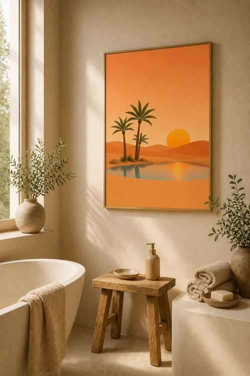 Desert Oasis Print | Moroccan Palm & Sunset Wall Art | Warm Boho Terracotta Landscape Printable