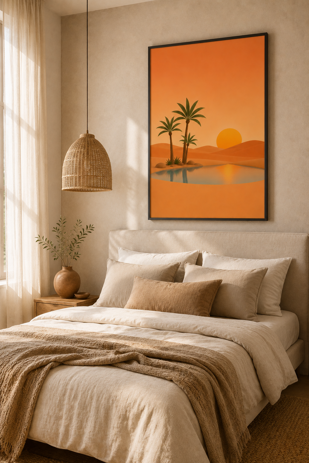 Desert Oasis Print | Moroccan Palm & Sunset Wall Art | Warm Boho Terracotta Landscape Printable